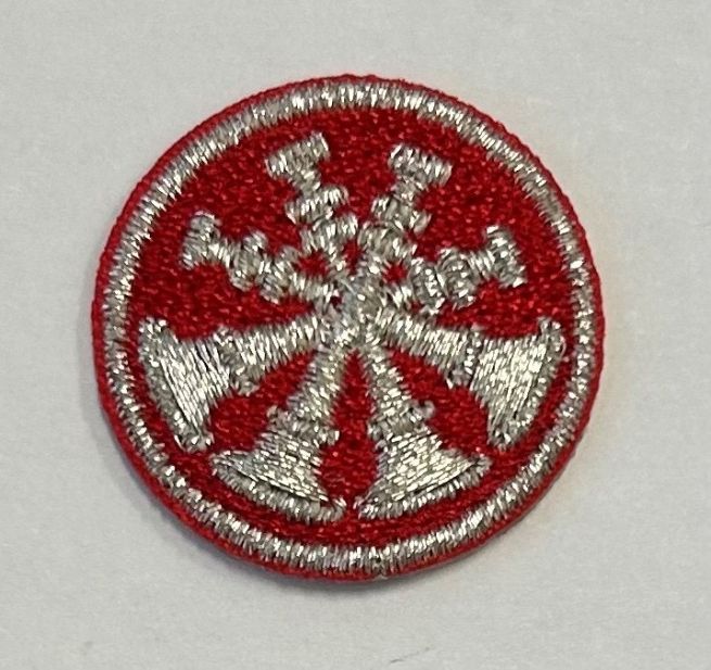 FIRE FIGHTER 4 BUGLES CROSSED, 1" CIRCLE - METALLIC SILVER ON RED - SEW ON.